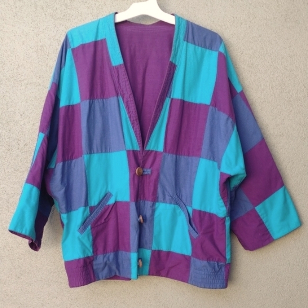 Colorful 80s Magenta and Blue Quilted Reversible Jacket Napal Women's Large/XL